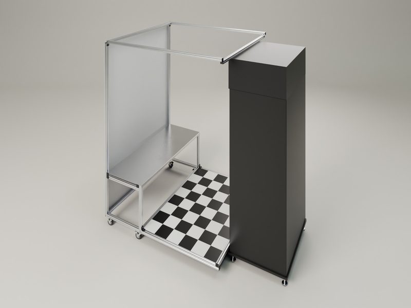 접이식 포토부스 CAD 3D 렌더 — 높은 시점