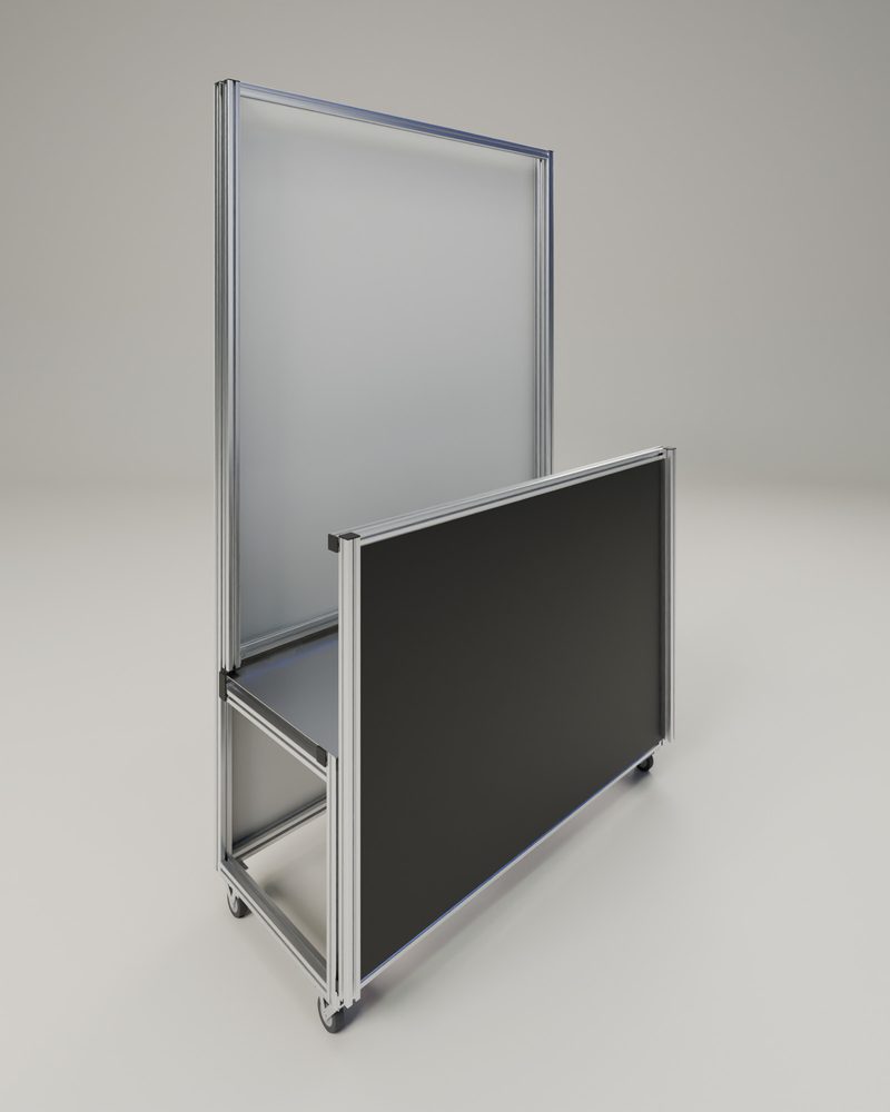 접이식 포토부스를 다 접은 모습 — 바퀴 4개 위에 서 있는 얇은 판 모양 (CAD 3D 렌더)