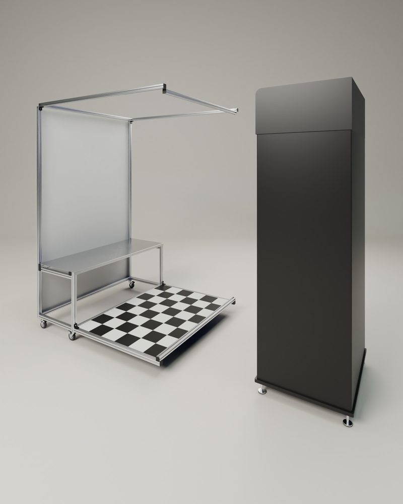 접이식 포토부스 접는 순서 1 — 검은 촬영 키오스크를 부스 앞에서 떼어 낸 모습 (CAD 3D 렌더)
