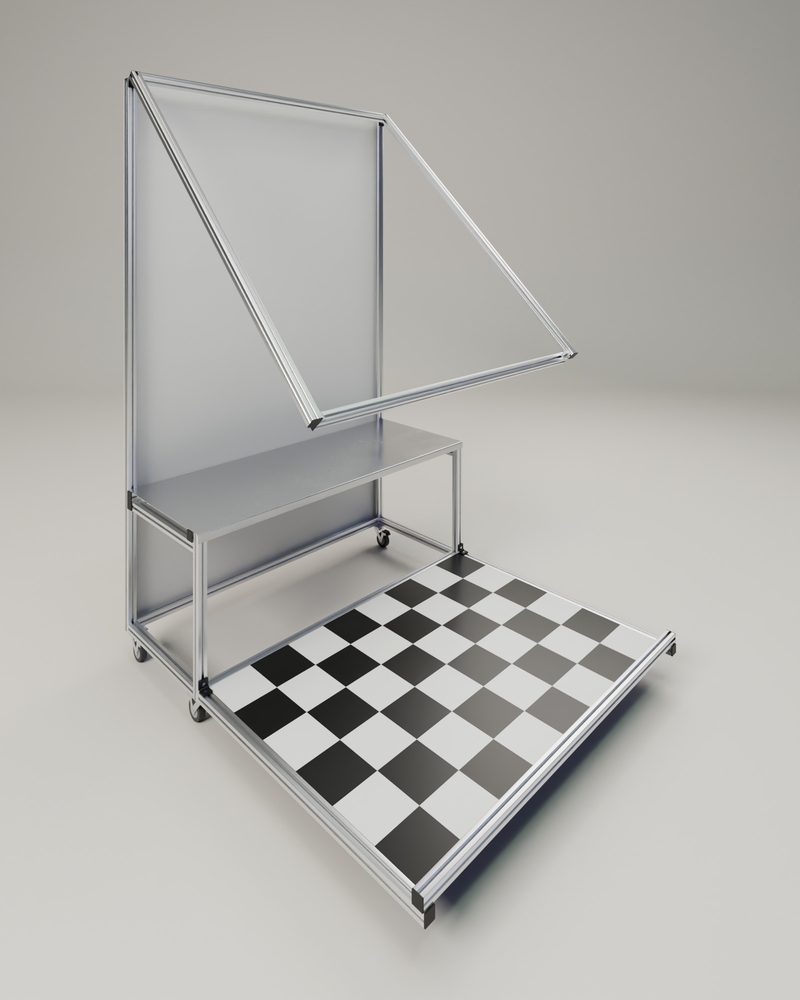 접이식 포토부스 접는 순서 2 — 천장 뼈대가 안쪽 아래로 45도쯤 내려온 모습 (CAD 3D 렌더)