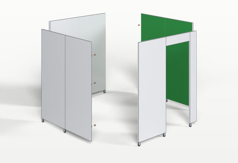 스탠다드 부스 CAD 3D 렌더 — 흰색 네 면을 바깥쪽으로 떼어 낸 모습, 문을 보고 오른쪽 안쪽 벽만 무광 초록