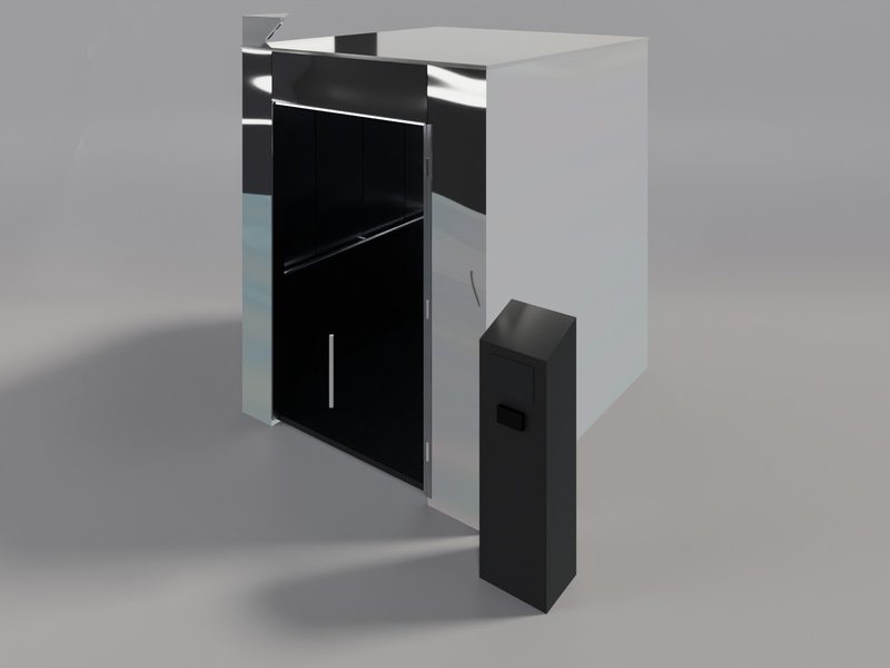 스텐 엘리베이터 부스 CAD 3D 렌더 — 높은 시점
