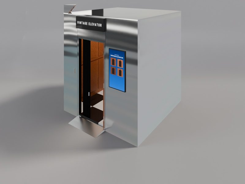 빈티지 엘리베이터 부스 CAD 3D 렌더 — 높은 시점