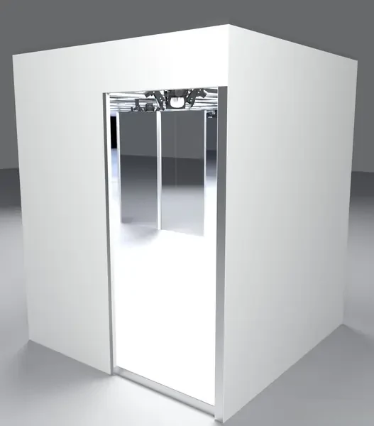 미러포토부스 외부 CAD 3D 렌더 — 흰색 상자형 외벽과 거울 마감 출입구, 내부 상단 카메라 구조